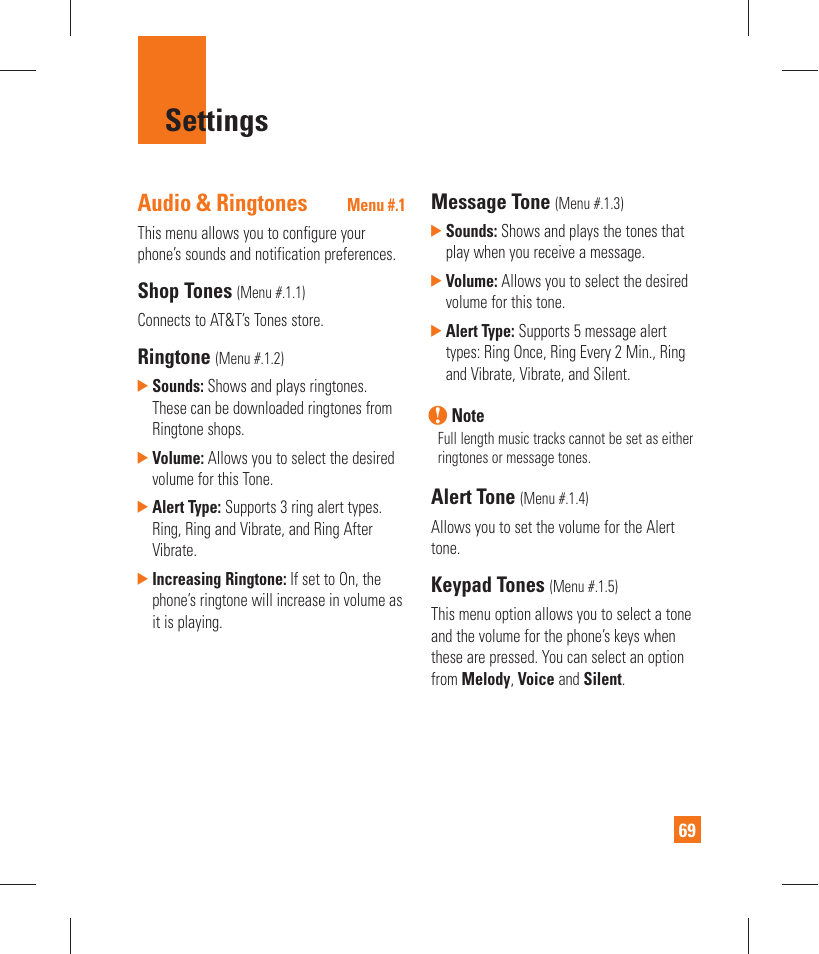 Settings, Audio & ringtones, Shop tones | Ringtone, Message tone, Alert tone, Keypad tones | LG GT365 User Manual | Page 73 / 218