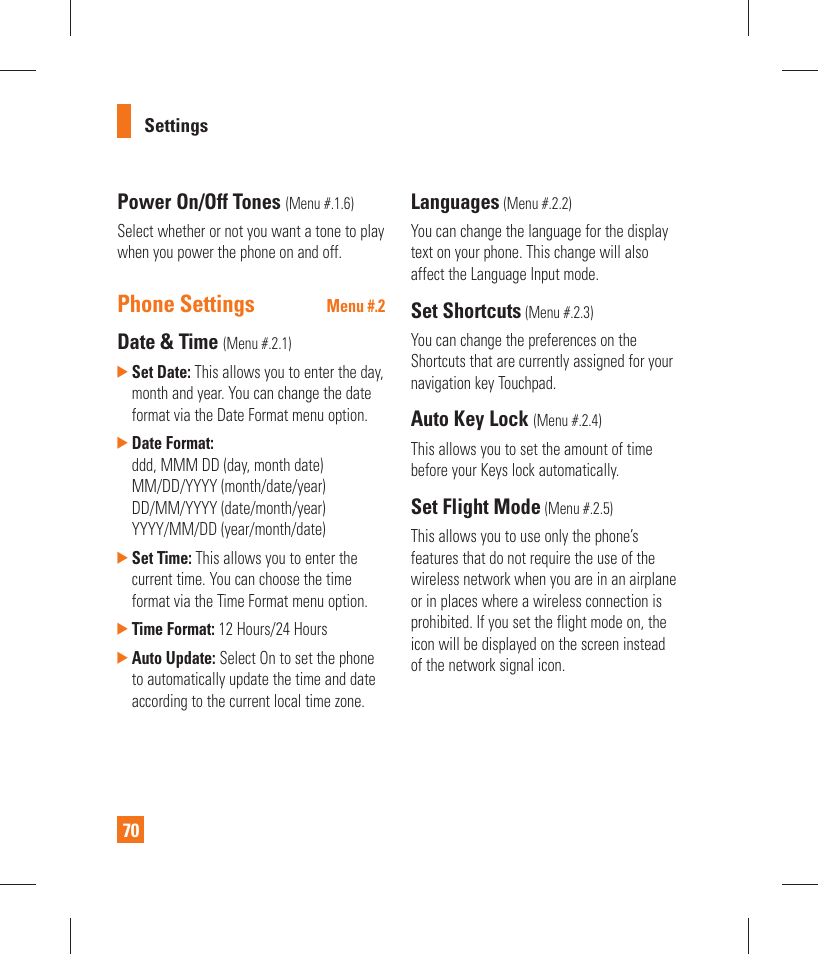 Phone settings, Power on/off tones, Date & time | Languages, Set shortcuts, Auto key lock, Set flight mode | LG GT365 User Manual | Page 74 / 218