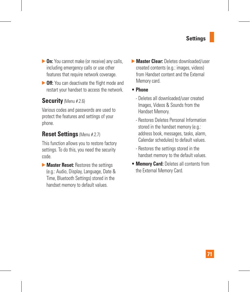 Security, Reset settings | LG GT365 User Manual | Page 75 / 218