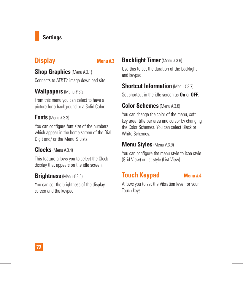 Display, Touch keypad, Shop graphics | Wallpapers, Fonts, Clocks, Brightness, Backlight timer, Shortcut information, Color schemes | LG GT365 User Manual | Page 76 / 218