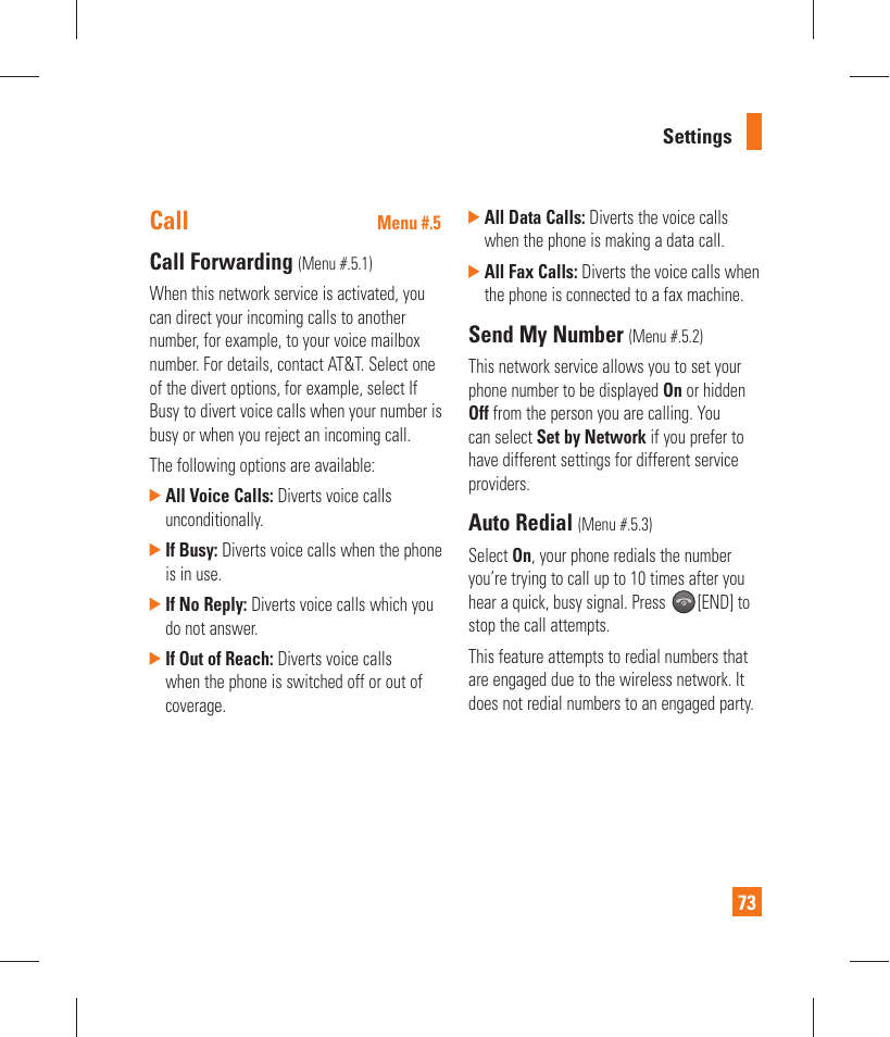 Call, Call forwarding, Send my number | Auto redial | LG GT365 User Manual | Page 77 / 218