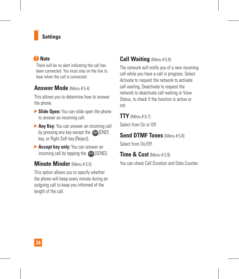Answer mode, Minute minder, Call waiting | Send dtmf tones, Time & cost | LG GT365 User Manual | Page 78 / 218