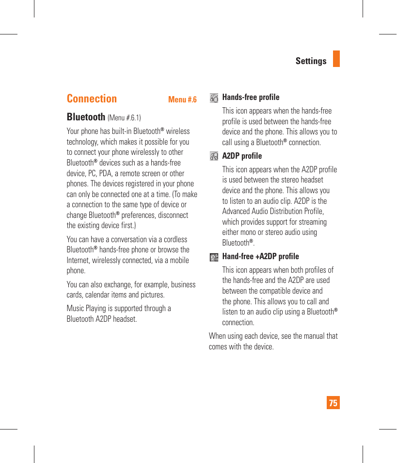 Connection, Bluetooth | LG GT365 User Manual | Page 79 / 218