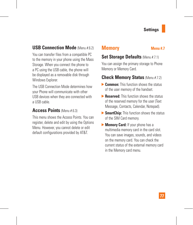 Usb connection mode, Access points, Set storage defaults | LG GT365 User Manual | Page 81 / 218