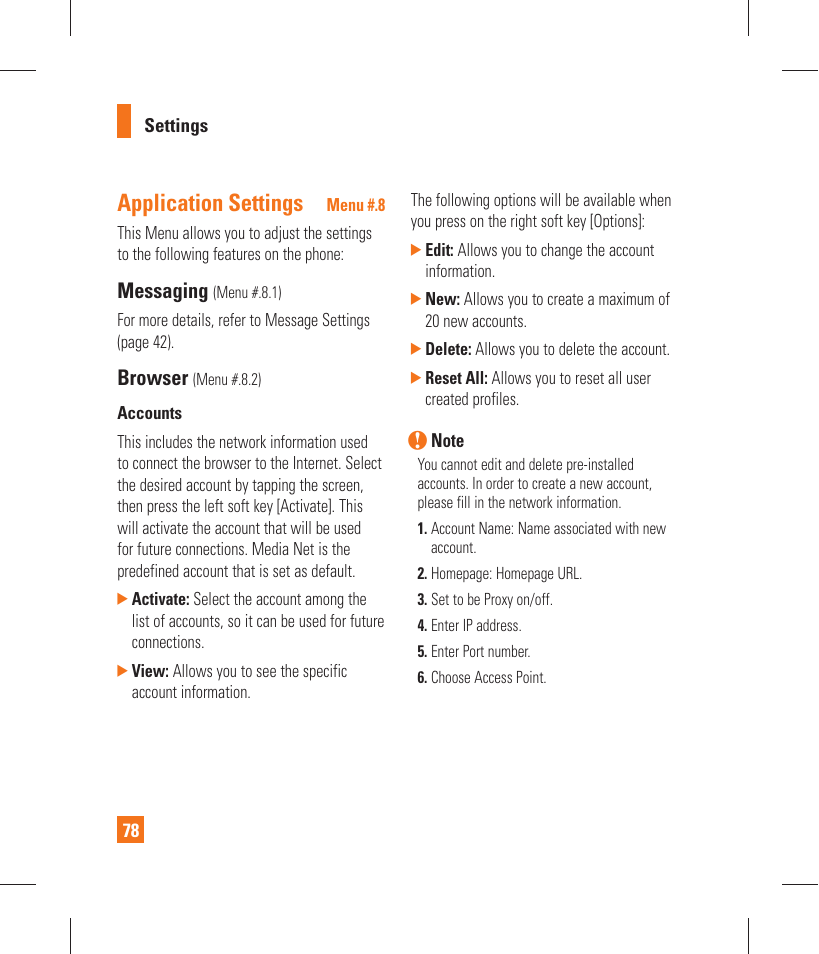 Application settings, Messaging, Browser | LG GT365 User Manual | Page 82 / 218