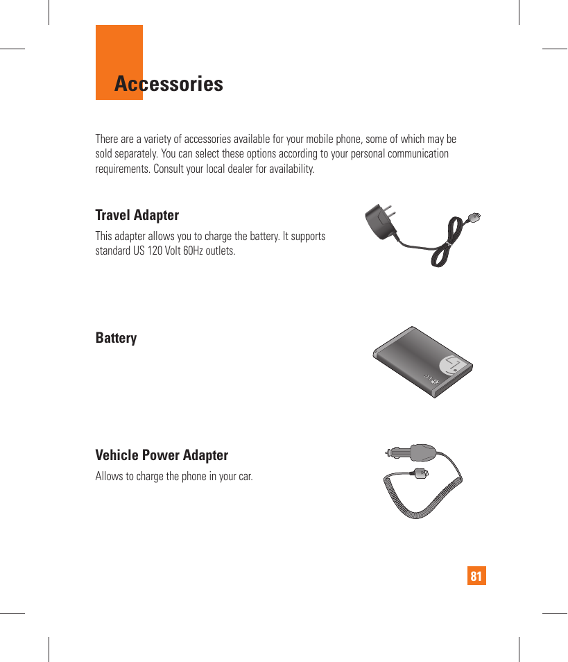 Accessories | LG GT365 User Manual | Page 85 / 218