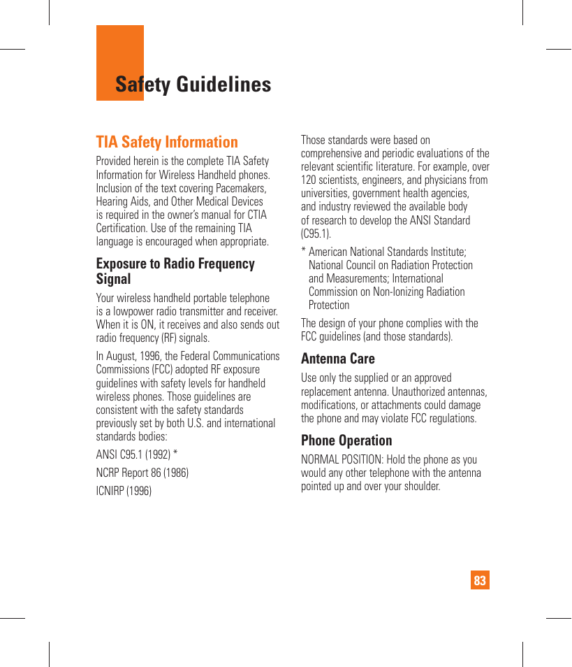 Safety guidelines, Tia safety information | LG GT365 User Manual | Page 87 / 218