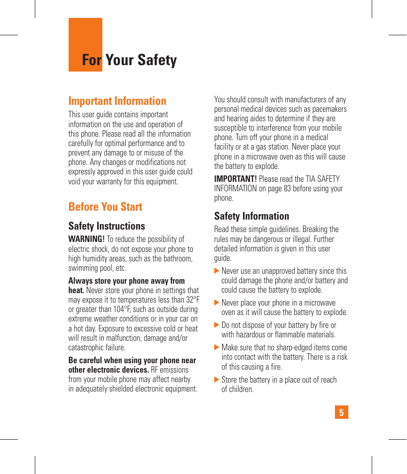 For your safety, Important information, Before you start | Safety instructions, Safety information | LG GT365 User Manual | Page 9 / 218