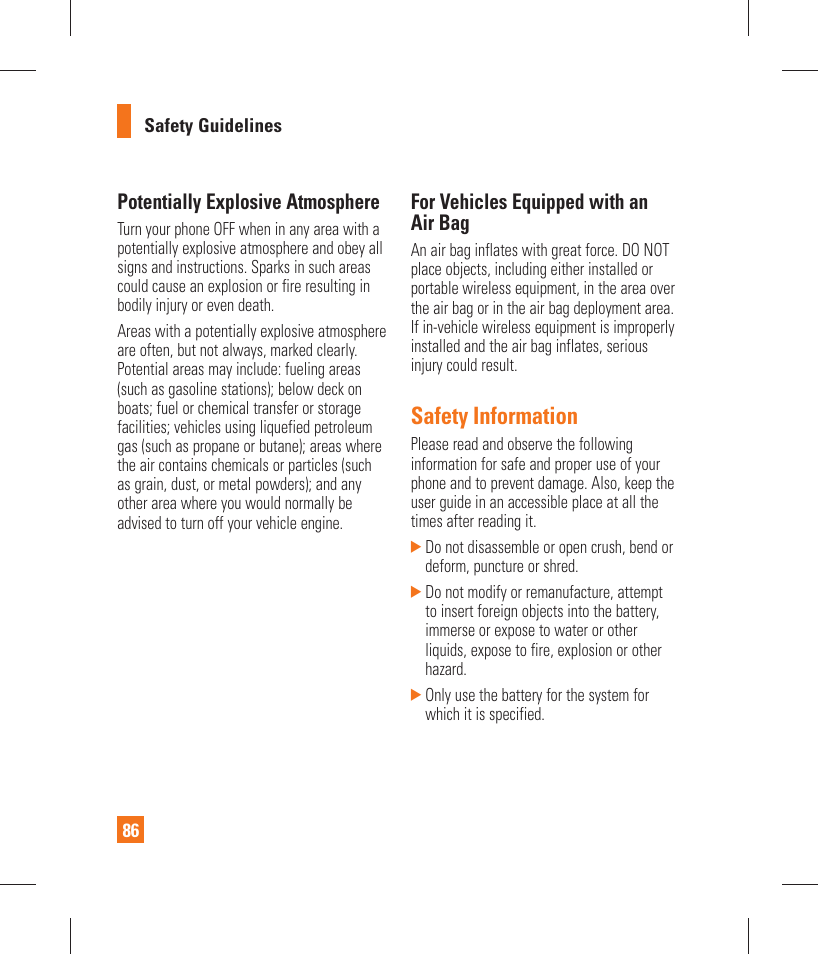 Safety information, Potentially explosive atmosphere, For vehicles equipped with an air bag | LG GT365 User Manual | Page 90 / 218