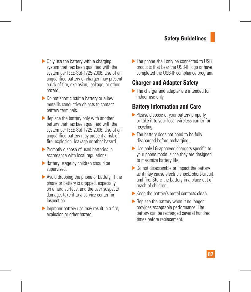 Charger and adapter safety, Battery information and care | LG GT365 User Manual | Page 91 / 218