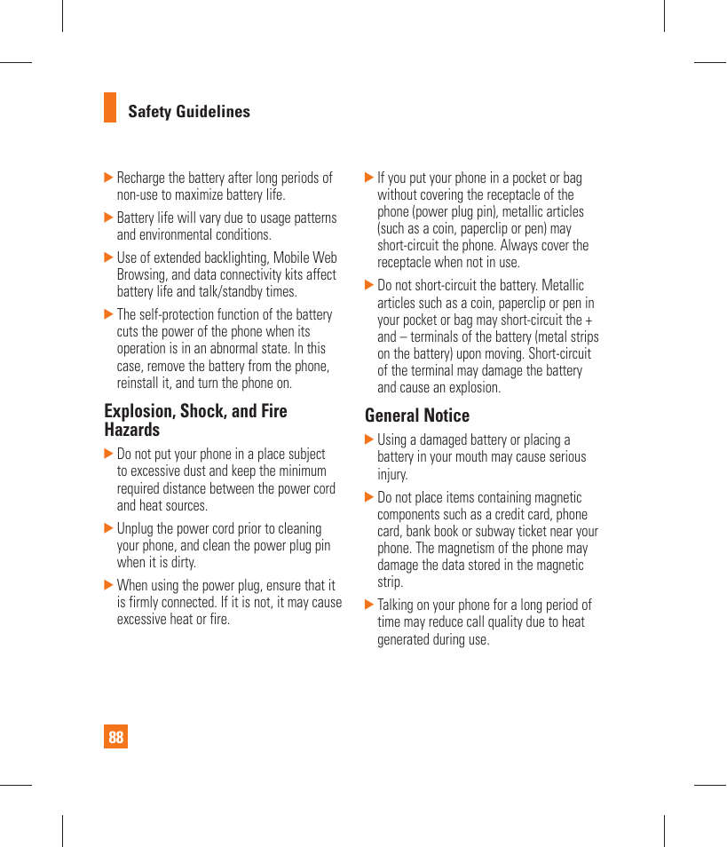 Explosion, shock, and fire hazards, General notice | LG GT365 User Manual | Page 92 / 218