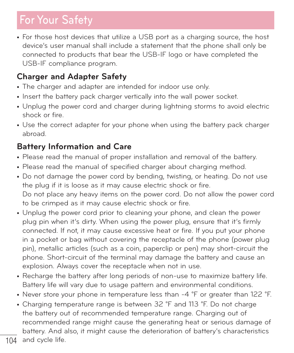 For your safety, Charger and adapter safety, Battery information and care | LG LGP659BK User Manual | Page 105 / 130