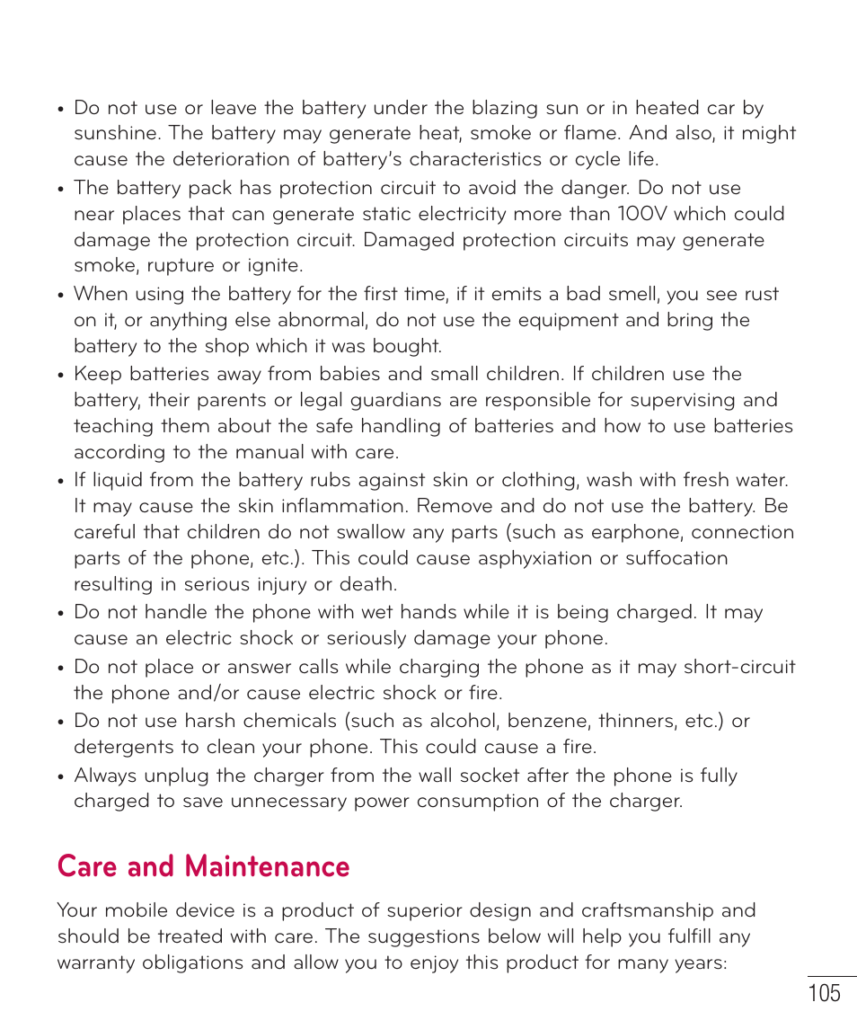 Care and maintenance | LG LGP659BK User Manual | Page 106 / 130