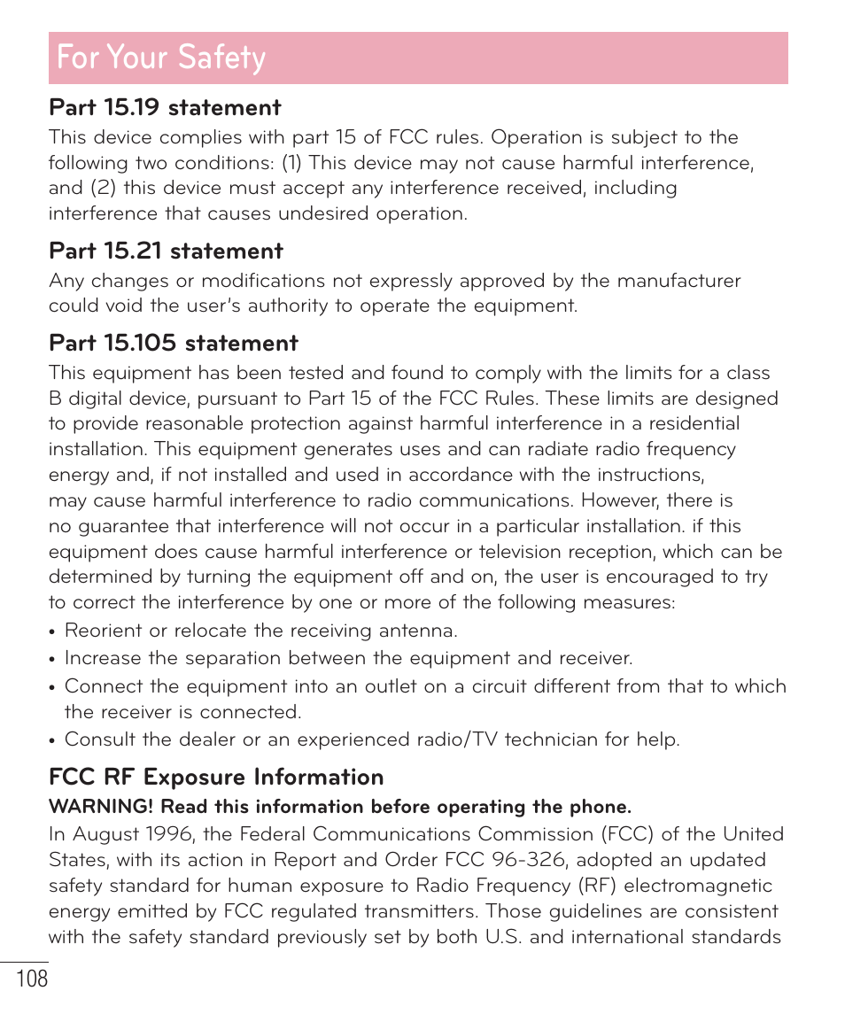 For your safety, Part 15.19 statement, Part 15.21 statement | Fcc rf exposure information | LG LGP659BK User Manual | Page 109 / 130