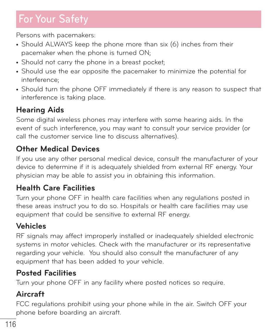 For your safety, Hearing aids, Other medical devices | Health care facilities, Vehicles, Posted facilities, Aircraft | LG LGP659BK User Manual | Page 117 / 130