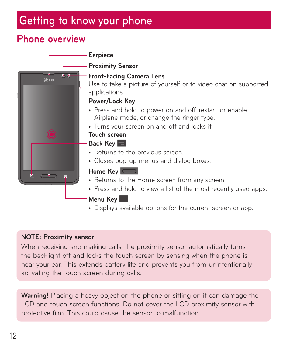 Getting to know your phone, Phone overview | LG LGP659BK User Manual | Page 13 / 130