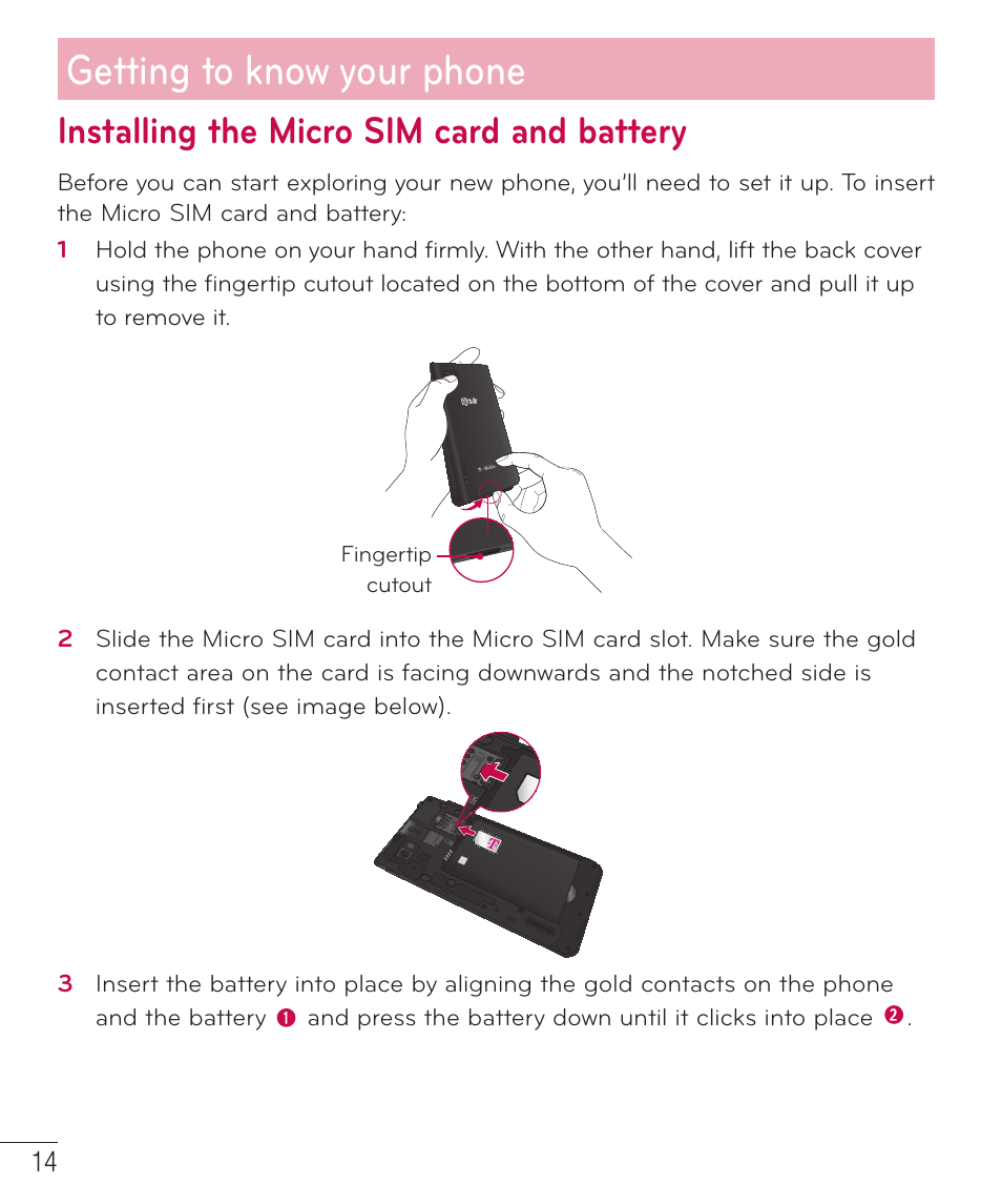 Installing the micro sim card and battery, Getting to know your phone | LG LGP659BK User Manual | Page 15 / 130