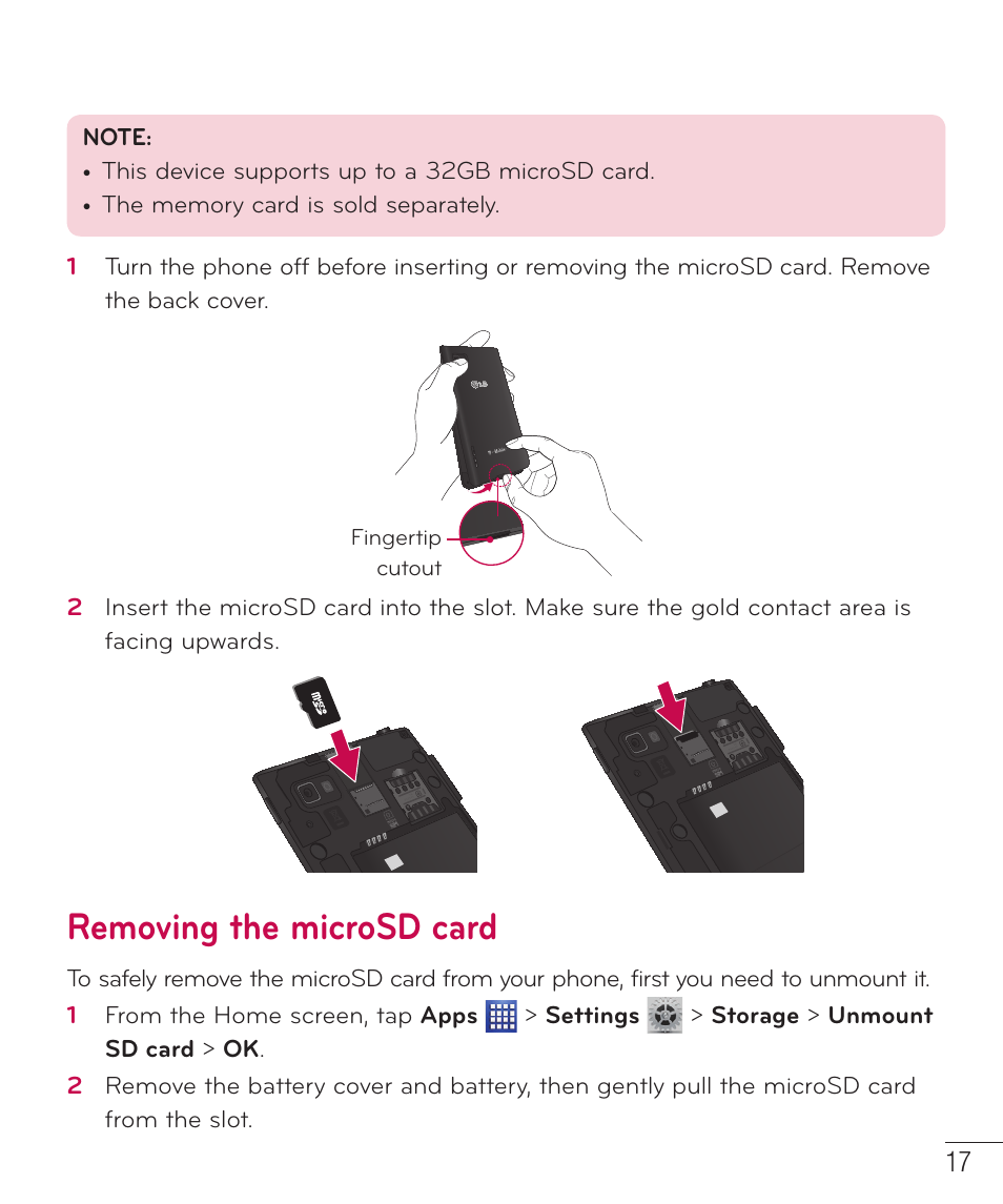 Removing the microsd card | LG LGP659BK User Manual | Page 18 / 130