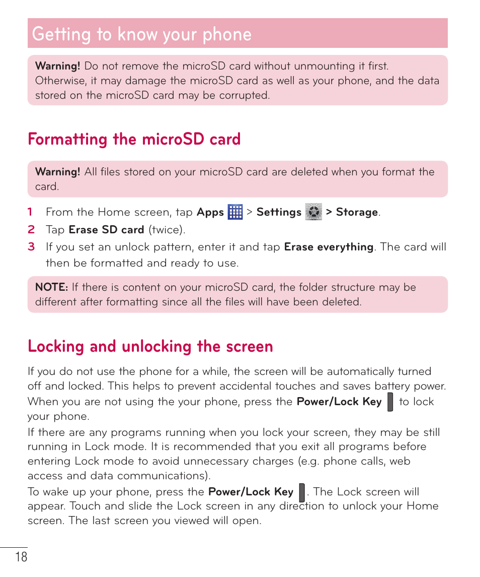 Formatting the microsd card, Locking and unlocking the screen, Getting to know your phone | LG LGP659BK User Manual | Page 19 / 130