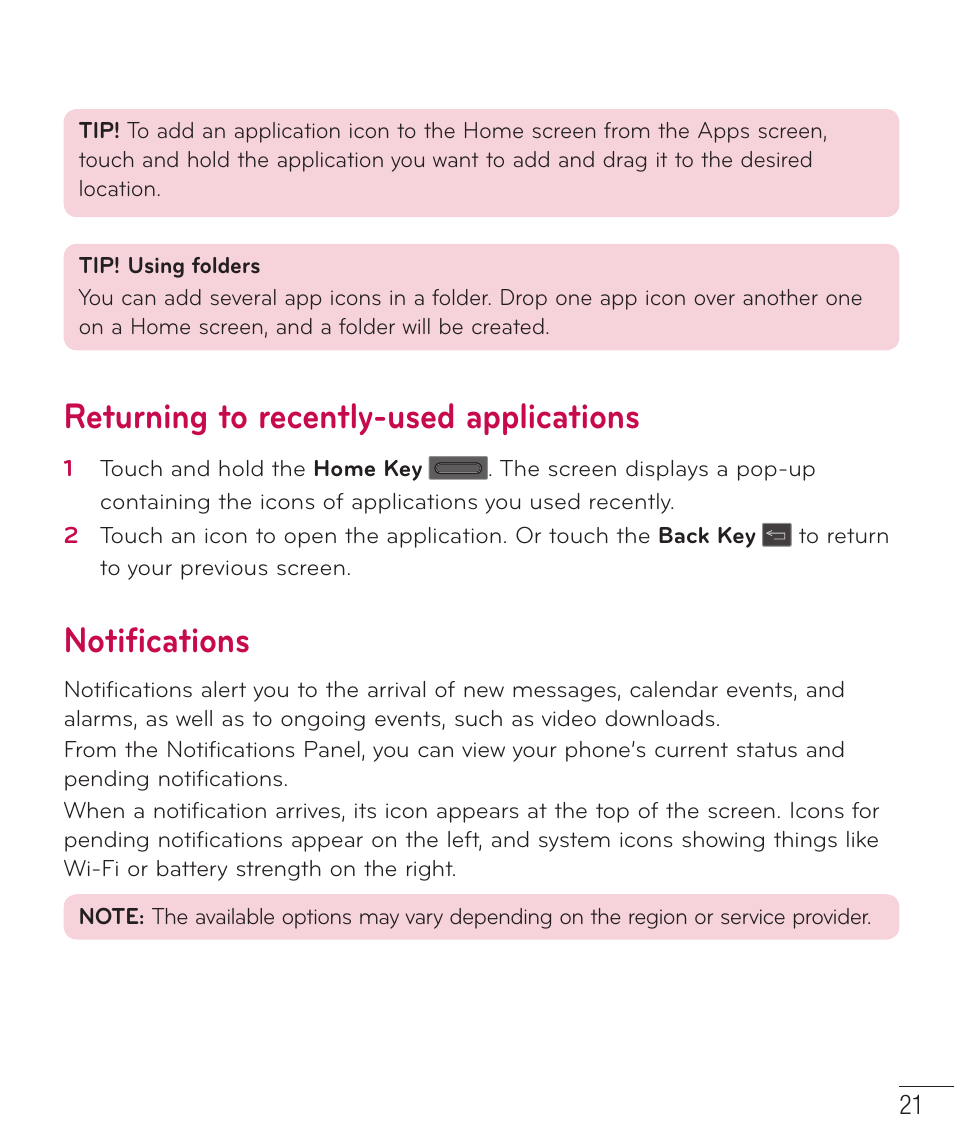 Returning to recently-used applications, Notifications | LG LGP659BK User Manual | Page 22 / 130