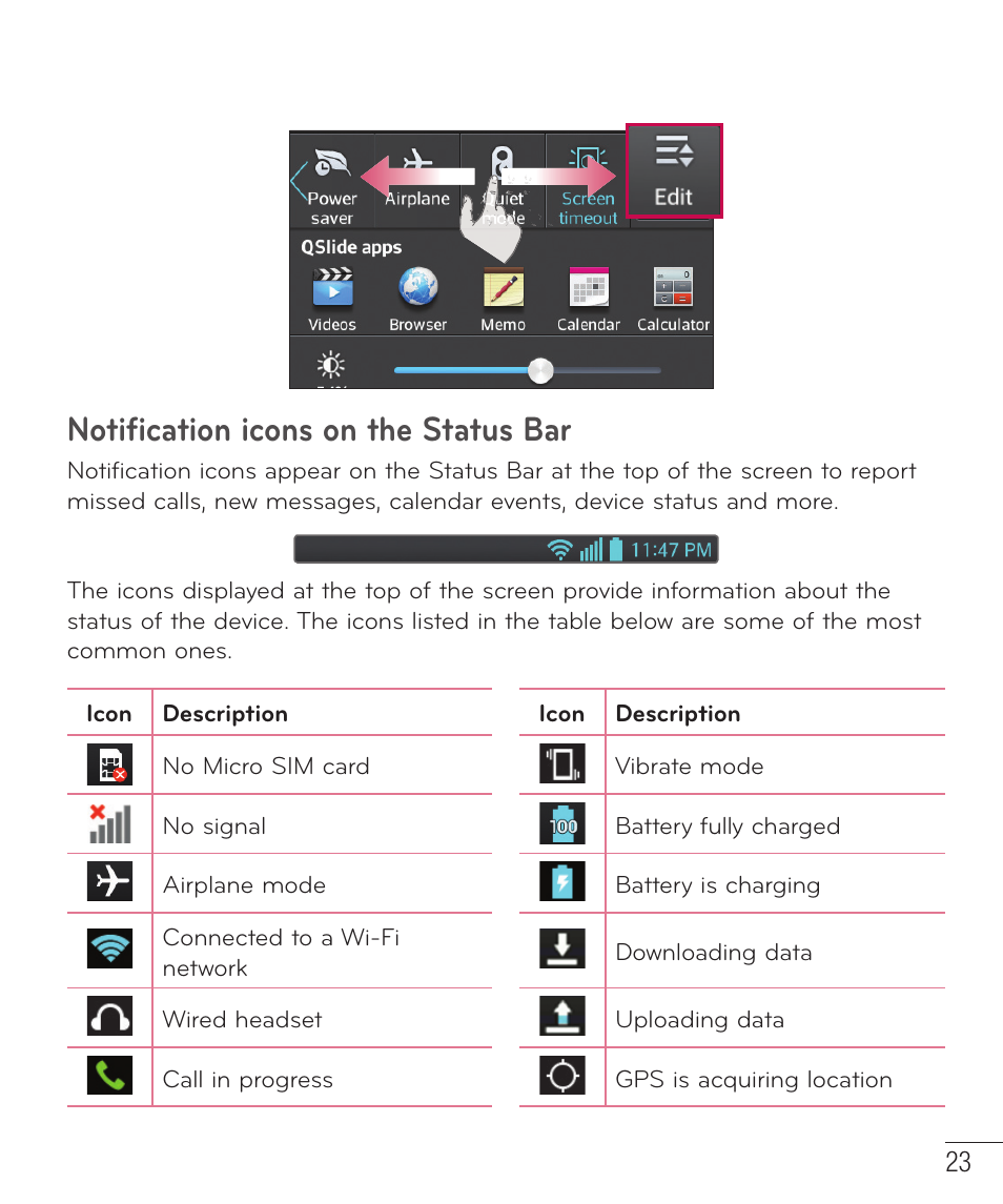 Notiﬁ cation icons on the status bar, Notification icons on the status bar | LG LGP659BK User Manual | Page 24 / 130