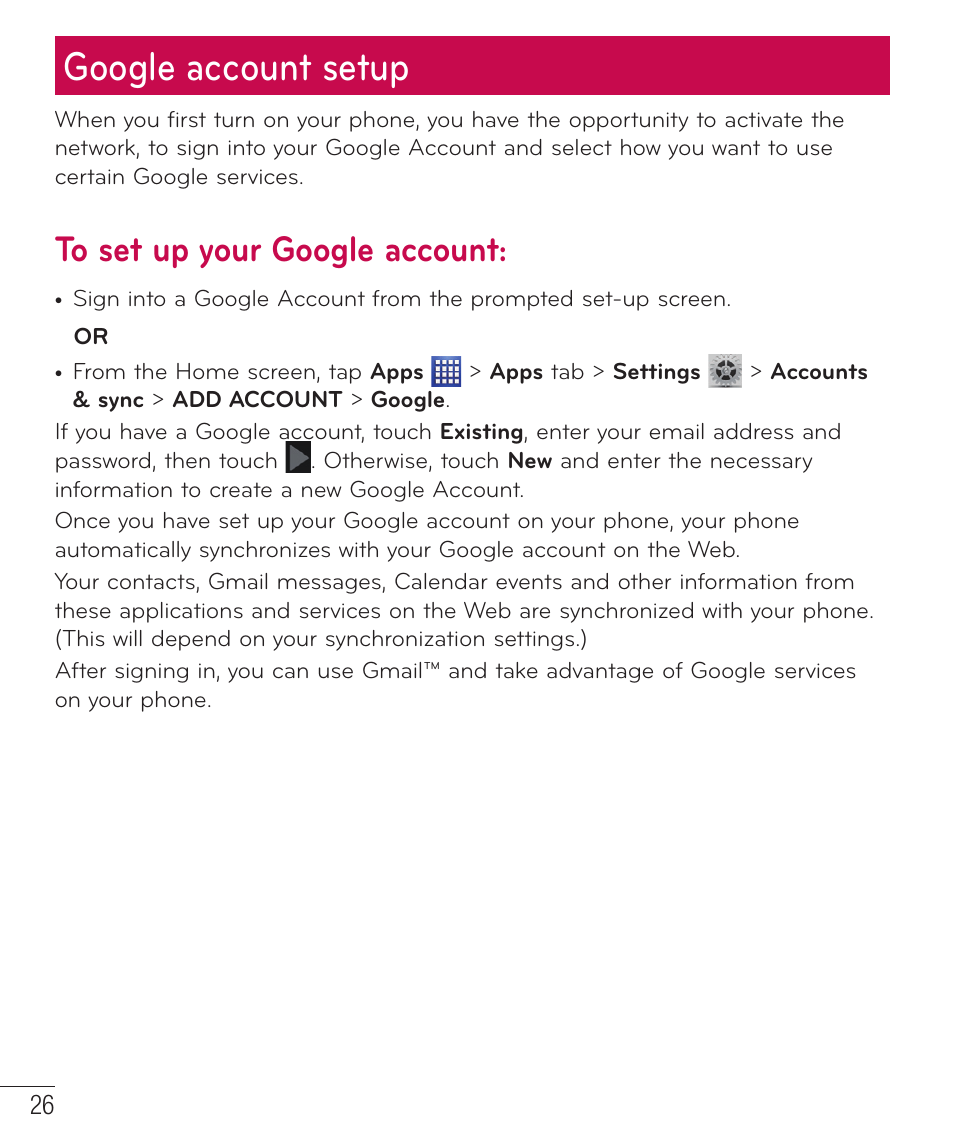 Google account setup, To set up your google account | LG LGP659BK User Manual | Page 27 / 130