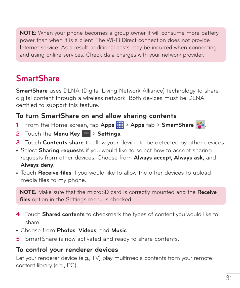 Smartshare | LG LGP659BK User Manual | Page 32 / 130