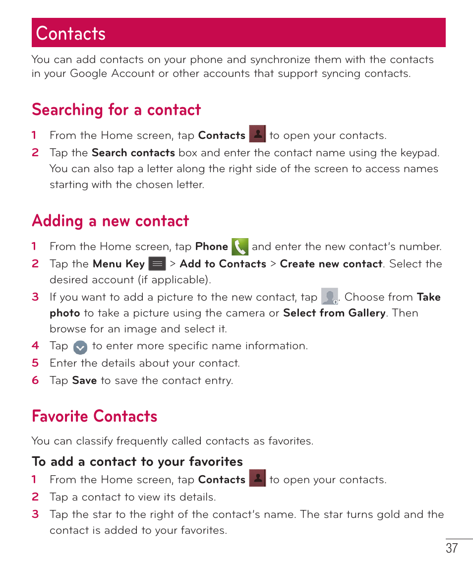 Contacts, Searching for a contact, Adding a new contact | Favorite contacts | LG LGP659BK User Manual | Page 38 / 130