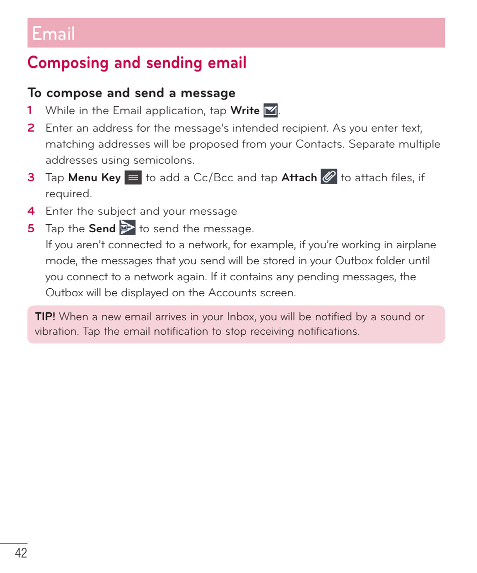 Composing and sending email, Email | LG LGP659BK User Manual | Page 43 / 130