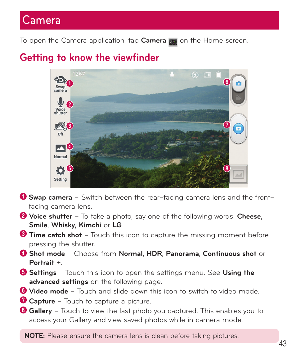 Camera, Getting to know the viewfinder, Getting to know the viewﬁ nder | LG LGP659BK User Manual | Page 44 / 130