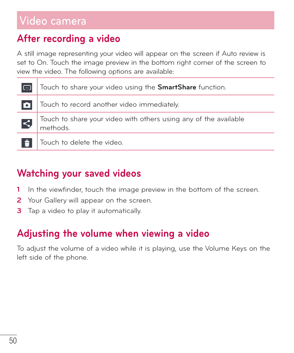 After recording a video, Watching your saved videos, Adjusting the volume when viewing a video | Video camera | LG LGP659BK User Manual | Page 51 / 130