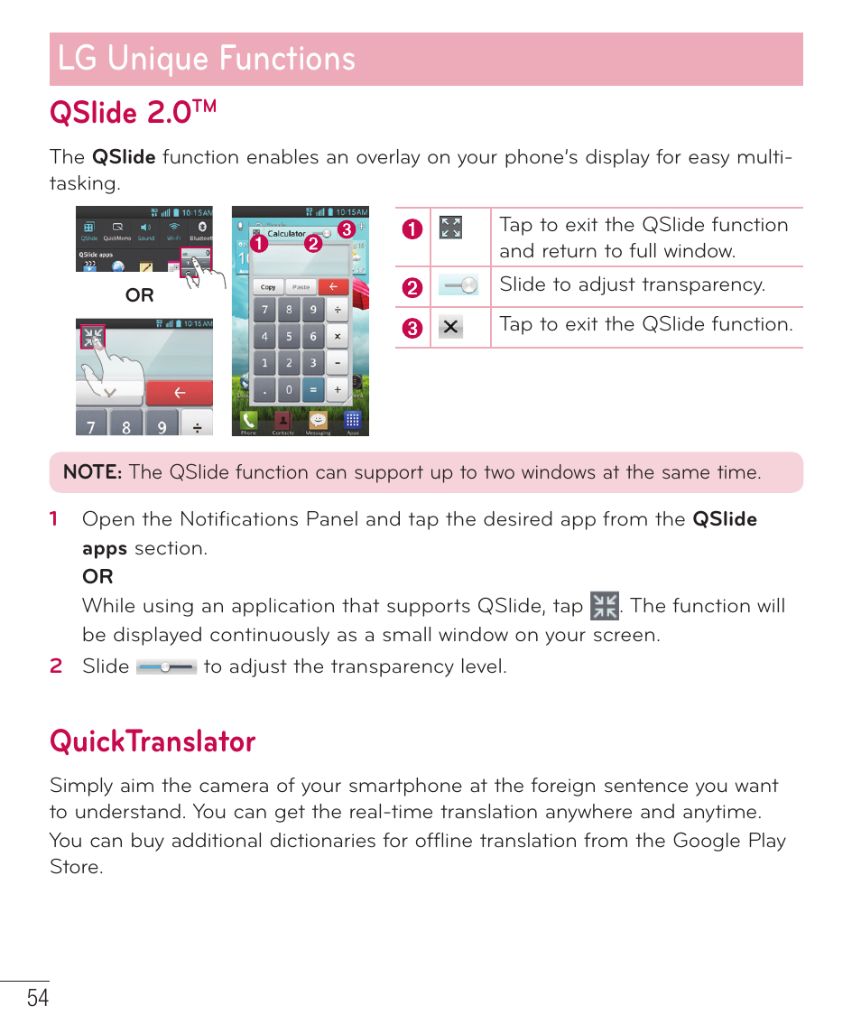 Quicktranslator, Qslide 2.0, Lg unique functions | LG LGP659BK User Manual | Page 55 / 130