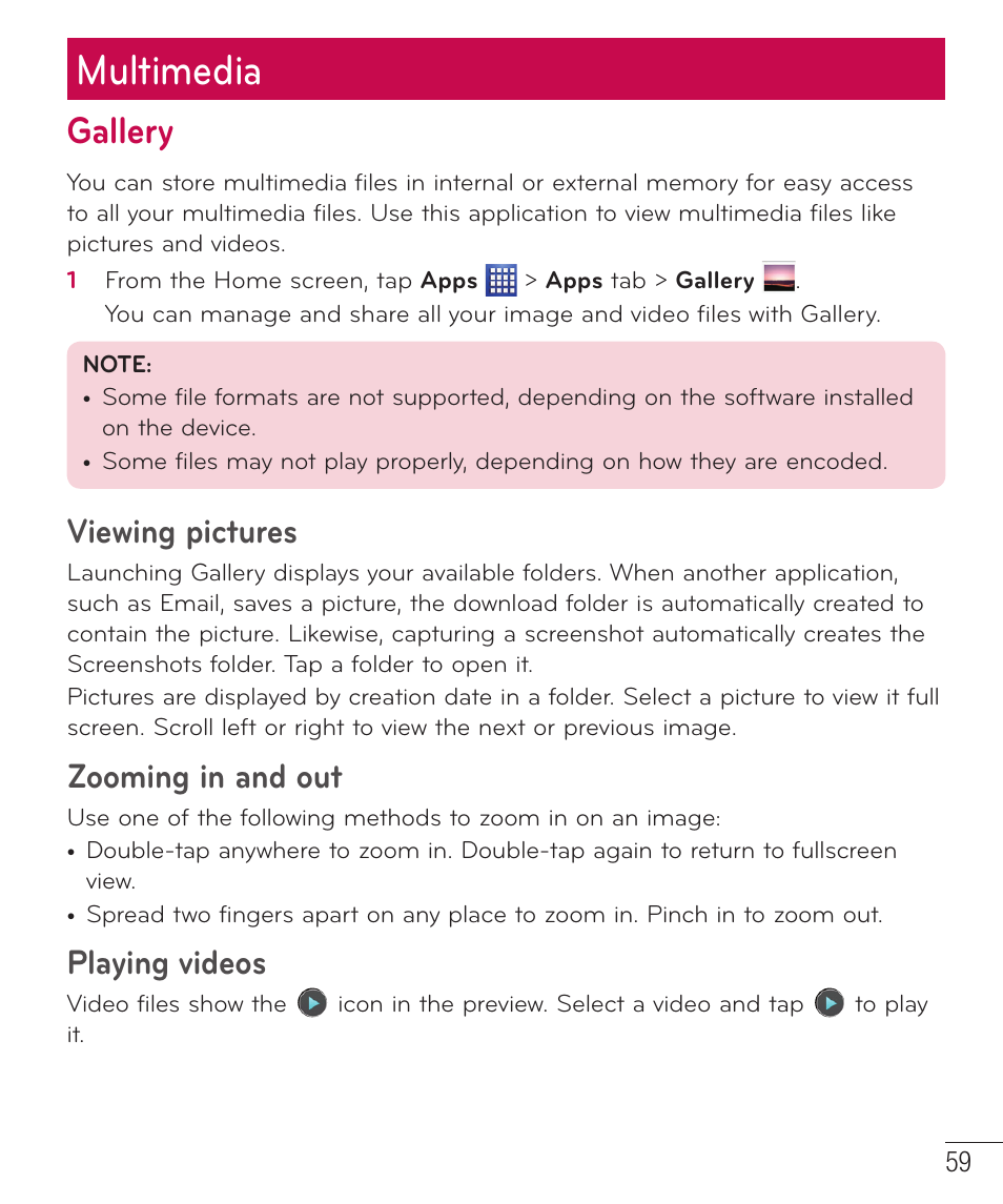 Multimedia, Gallery, Viewing pictures zooming in and out playing videos | Viewing pictures, Zooming in and out, Playing videos | LG LGP659BK User Manual | Page 60 / 130