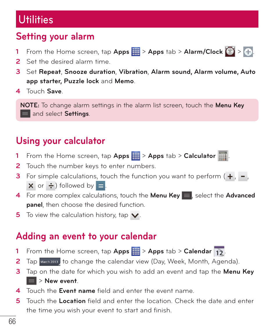 Utilities, Setting your alarm, Using your calculator | Adding an event to your calendar | LG LGP659BK User Manual | Page 67 / 130