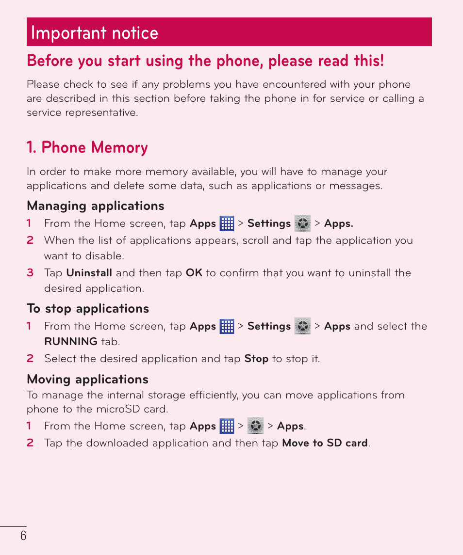 Important notice, Before you start using the phone, please read this | LG LGP659BK User Manual | Page 7 / 130