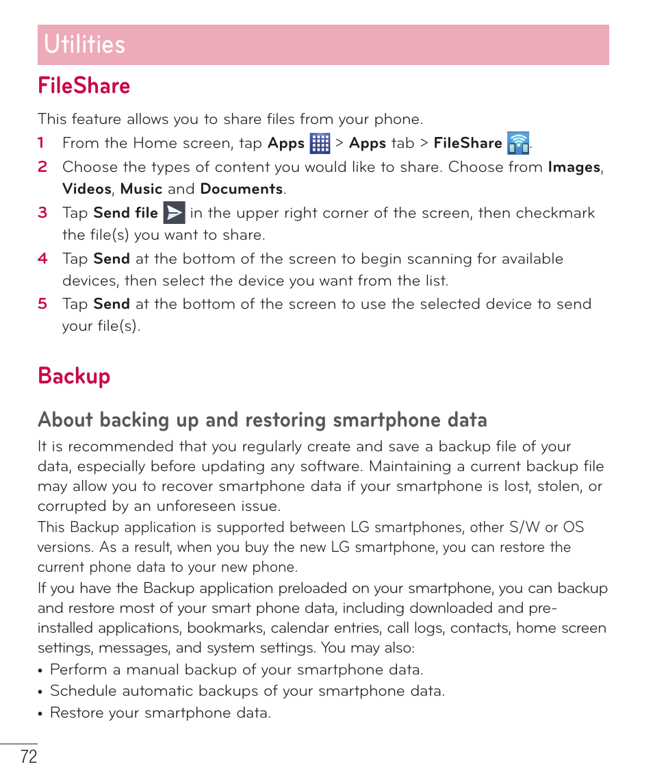 Fileshare, Backup, Fileshare backup | About backing up and restoring smartphone data, Utilities | LG LGP659BK User Manual | Page 73 / 130