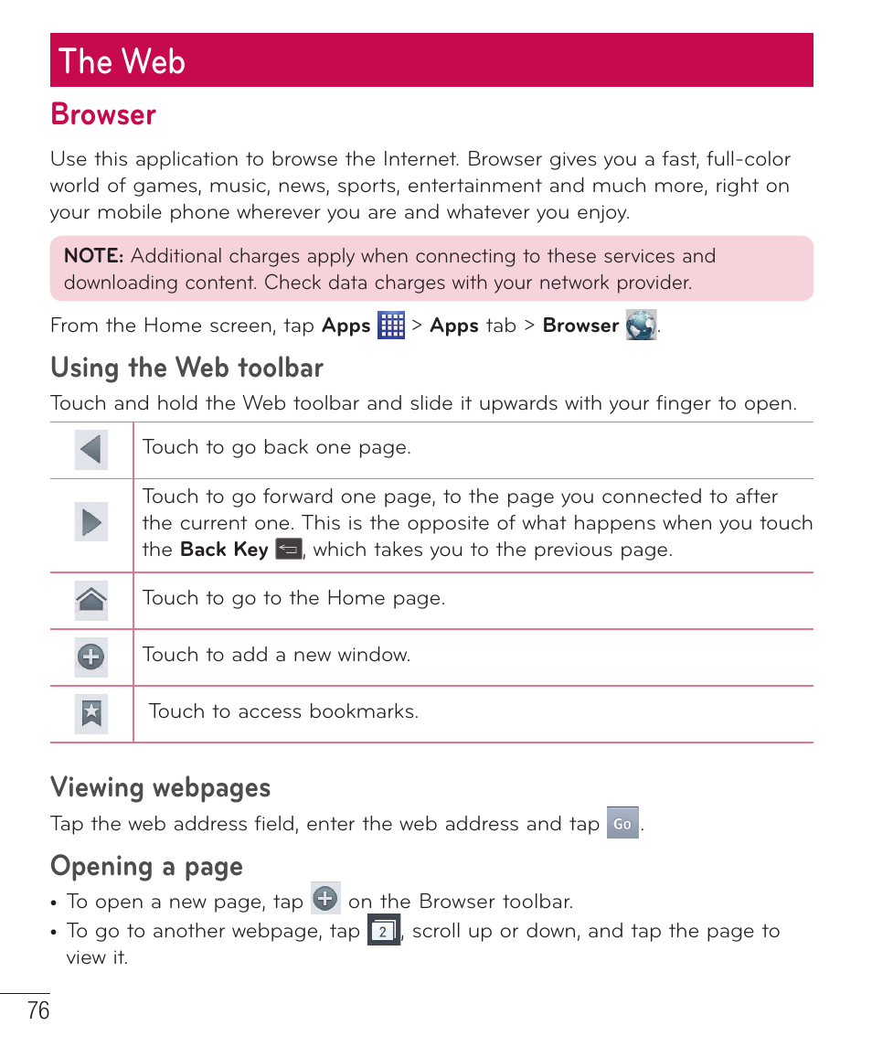 The web, Browser, Using the web toolbar | Viewing webpages, Opening a page | LG LGP659BK User Manual | Page 77 / 130