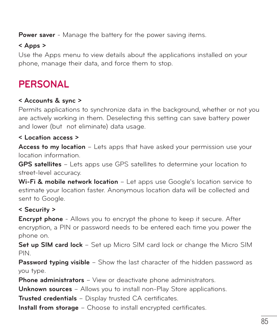 Personal | LG LGP659BK User Manual | Page 86 / 130