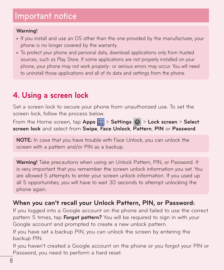 Important notice, Using a screen lock | LG LGP659BK User Manual | Page 9 / 130