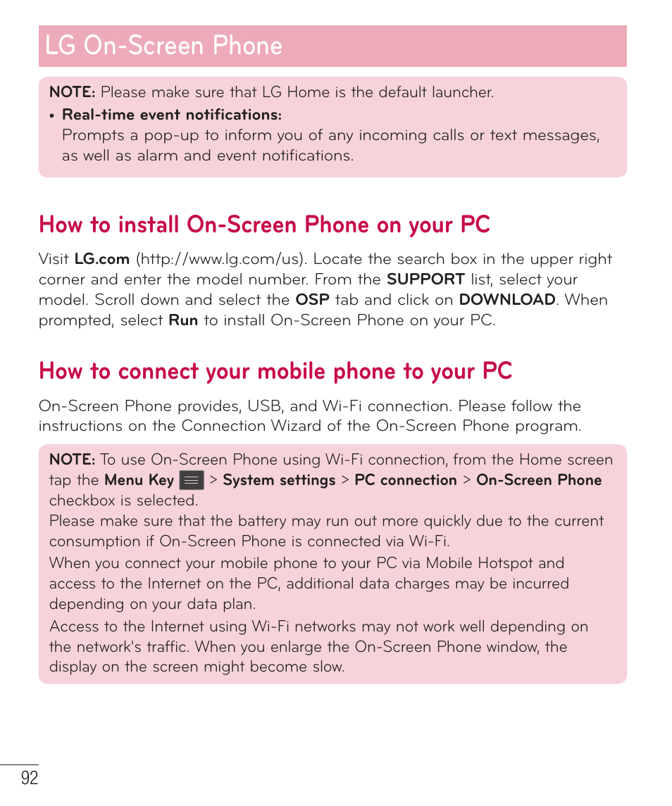 How to install on-screen phone on your pc, How to connect your mobile phone to your pc, Lg on-screen phone | LG LGP659BK User Manual | Page 93 / 130