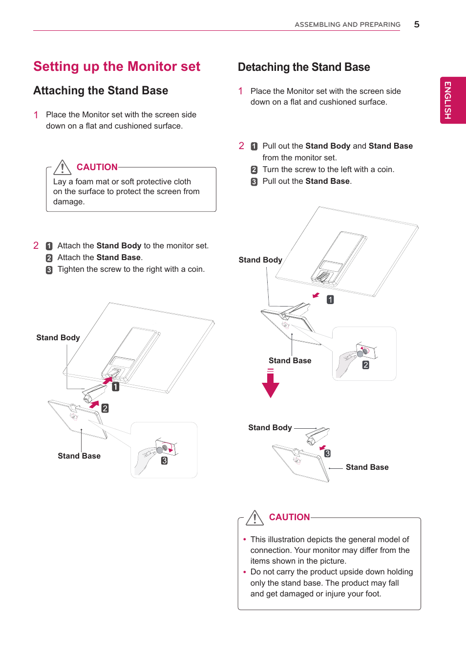 Setting up the monitor set, Attaching the stand base, Detaching the stand base | LG 24EN33VW-B User Manual | Page 5 / 31