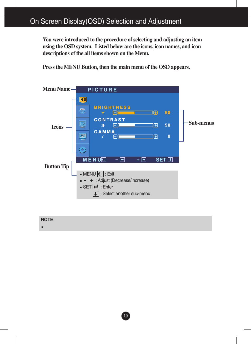 On screen display(osd) selection and adjustment | LG L2000CP-BF User Manual | Page 11 / 21