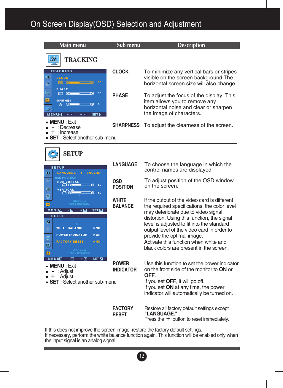 Tracking, Setup, On screen display(osd) selection and adjustment | LG L2000CP-BF User Manual | Page 13 / 21
