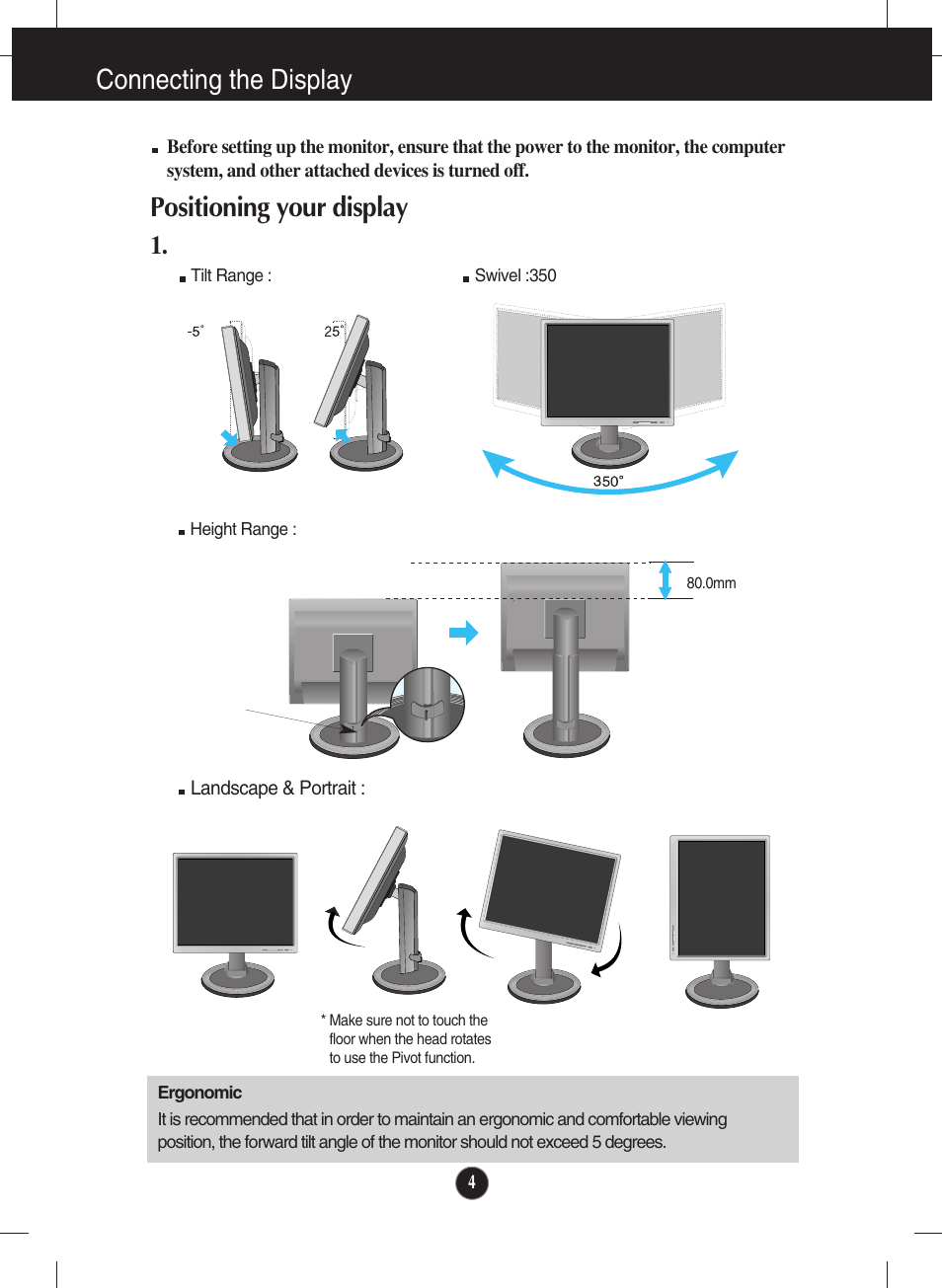 Positioning your display, Connecting the display | LG L2000CP-BF User Manual | Page 5 / 21