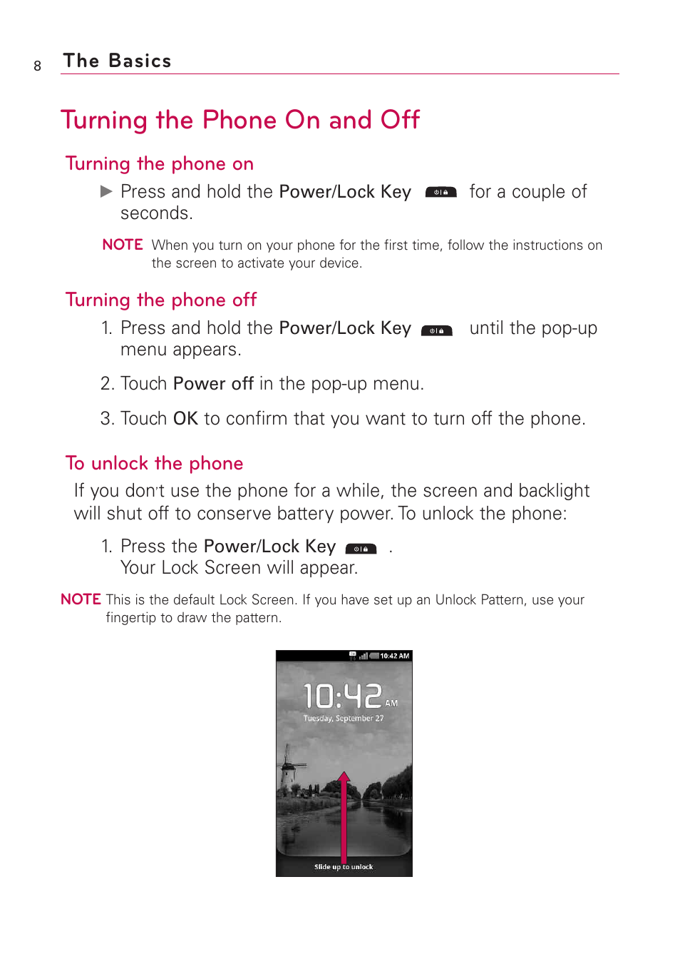 Turning the phone on and off, Turning the phone on, Turning the phone off | The basics | LG AS855 User Manual | Page 10 / 307