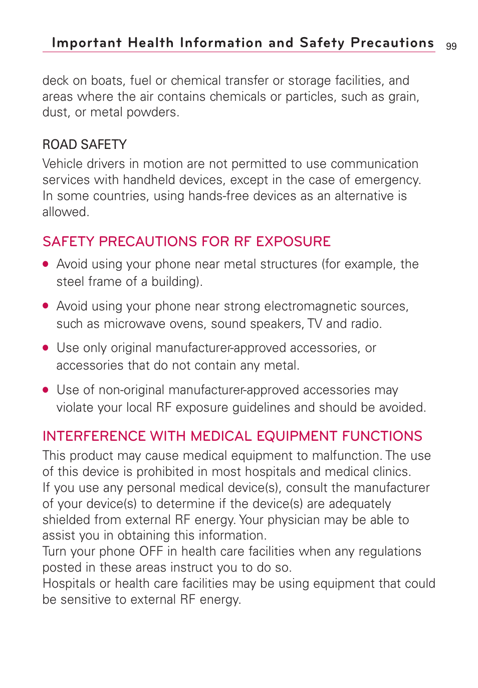 Safety precautions for rf exposure, Interference with medical equipment functions | LG AS855 User Manual | Page 101 / 307