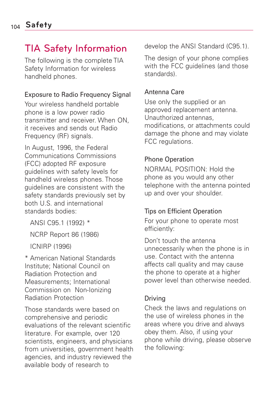 Safety, Tia safety information | LG AS855 User Manual | Page 106 / 307