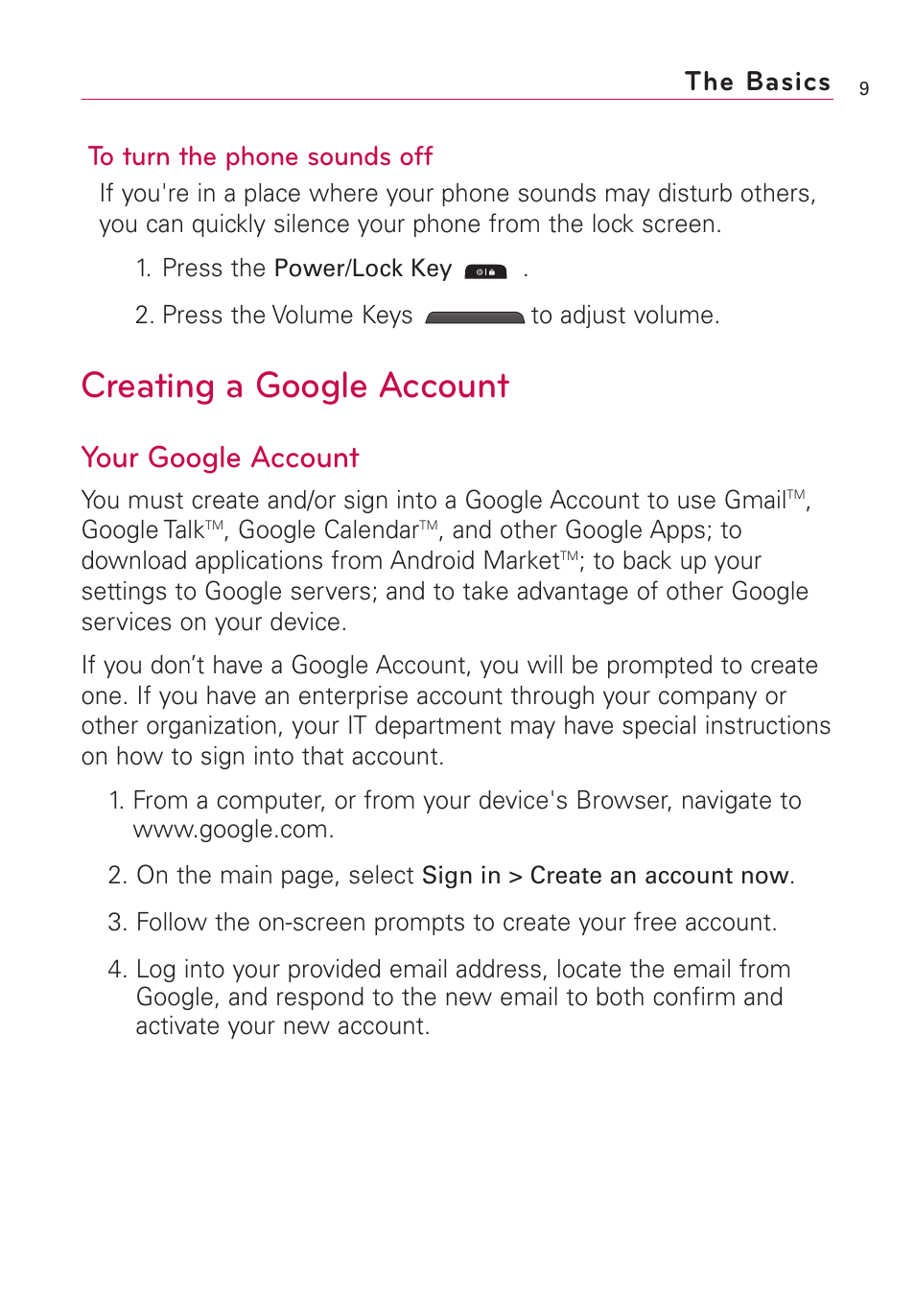 Creating a google account, Your google account, The basics | LG AS855 User Manual | Page 11 / 307