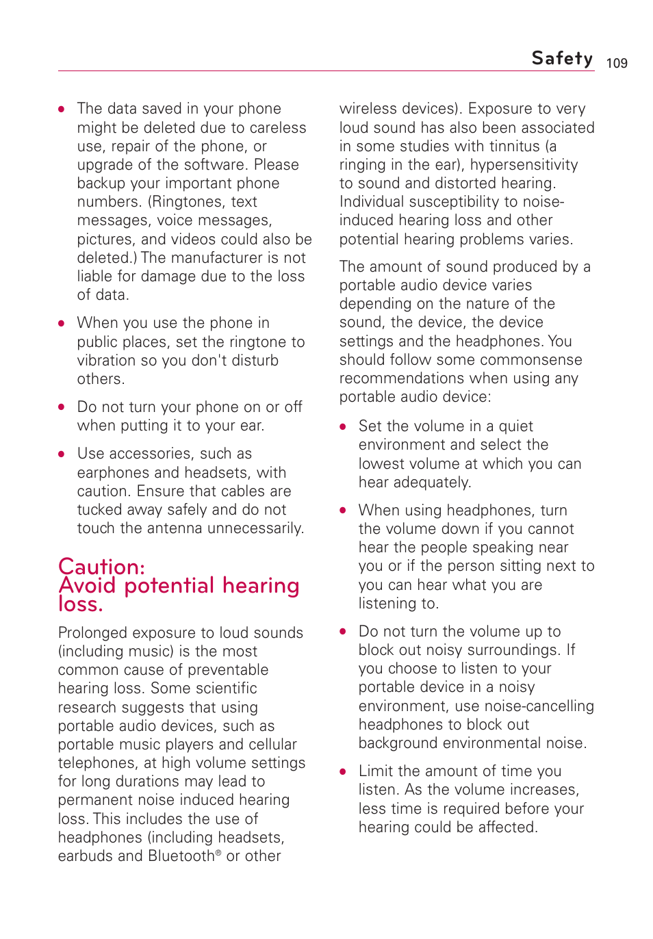 Caution: avoid potential hearing loss, Safety | LG AS855 User Manual | Page 111 / 307