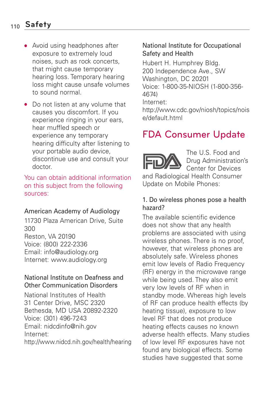 Fda consumer update, Safety | LG AS855 User Manual | Page 112 / 307